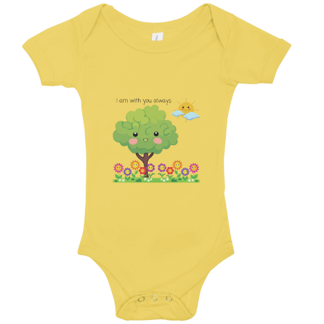 Yellow baby onesie with a tree and flowers design on a white background